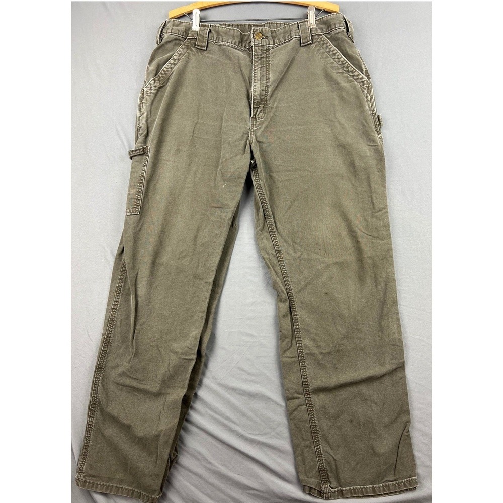 Carhartt Carpenter Pants Mens 38x32 Loose Fit Canvas Olive Green Workwear Good